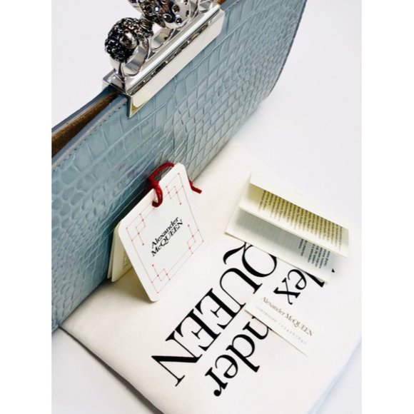 Alexander Mcqueen Skull Four Ring Croc Embossed Blue Leather Clutch - Picture 11 of 12